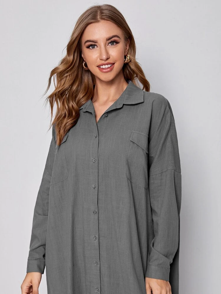 Flap Pocket Front Split Hem Oversized Shirt Dress