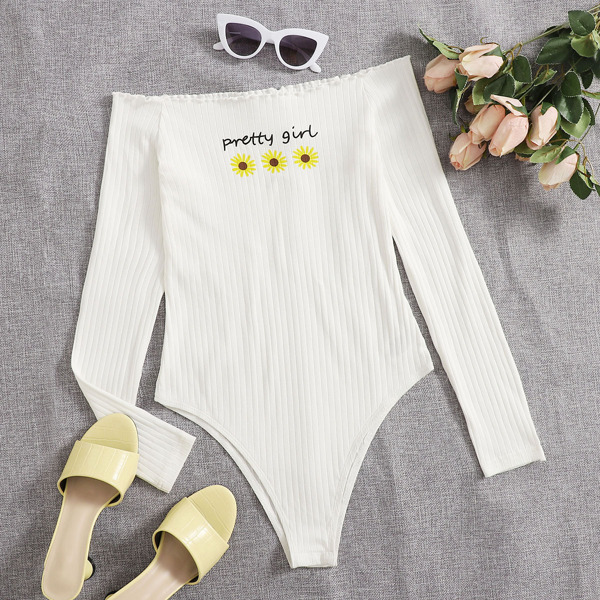 

Letter & Floral Print Lettuce Trim Bardot Bodysuit, White