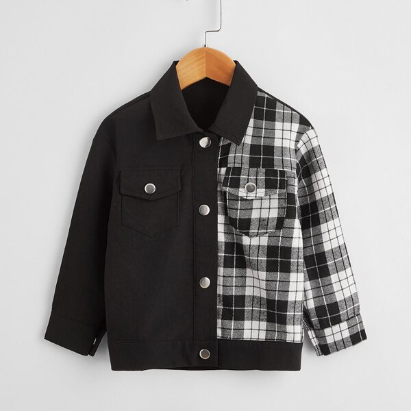 

Toddler Boys Plaid Panel Flap Pocket Jacket, Black and white
