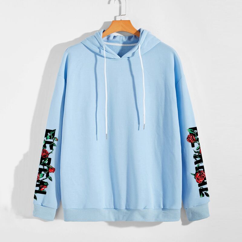 

Guys Floral & Letter Graphic Hoodie, Baby blue