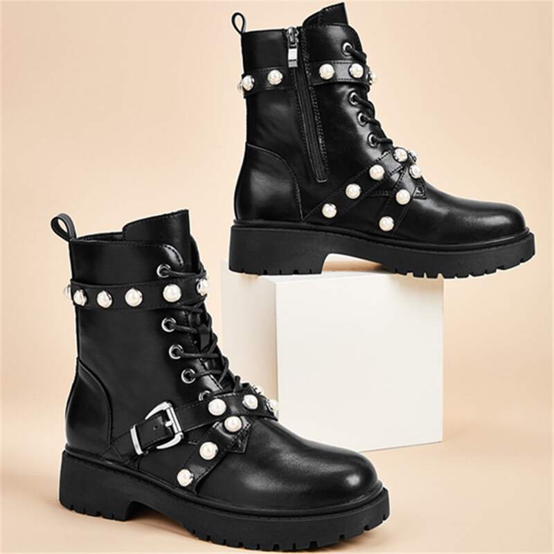 Faux Pearl Decor Combat Boots, Black