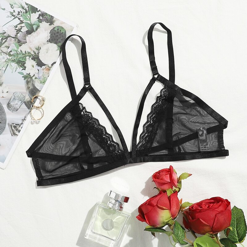 

Lace Trim Mesh Bralette, Black