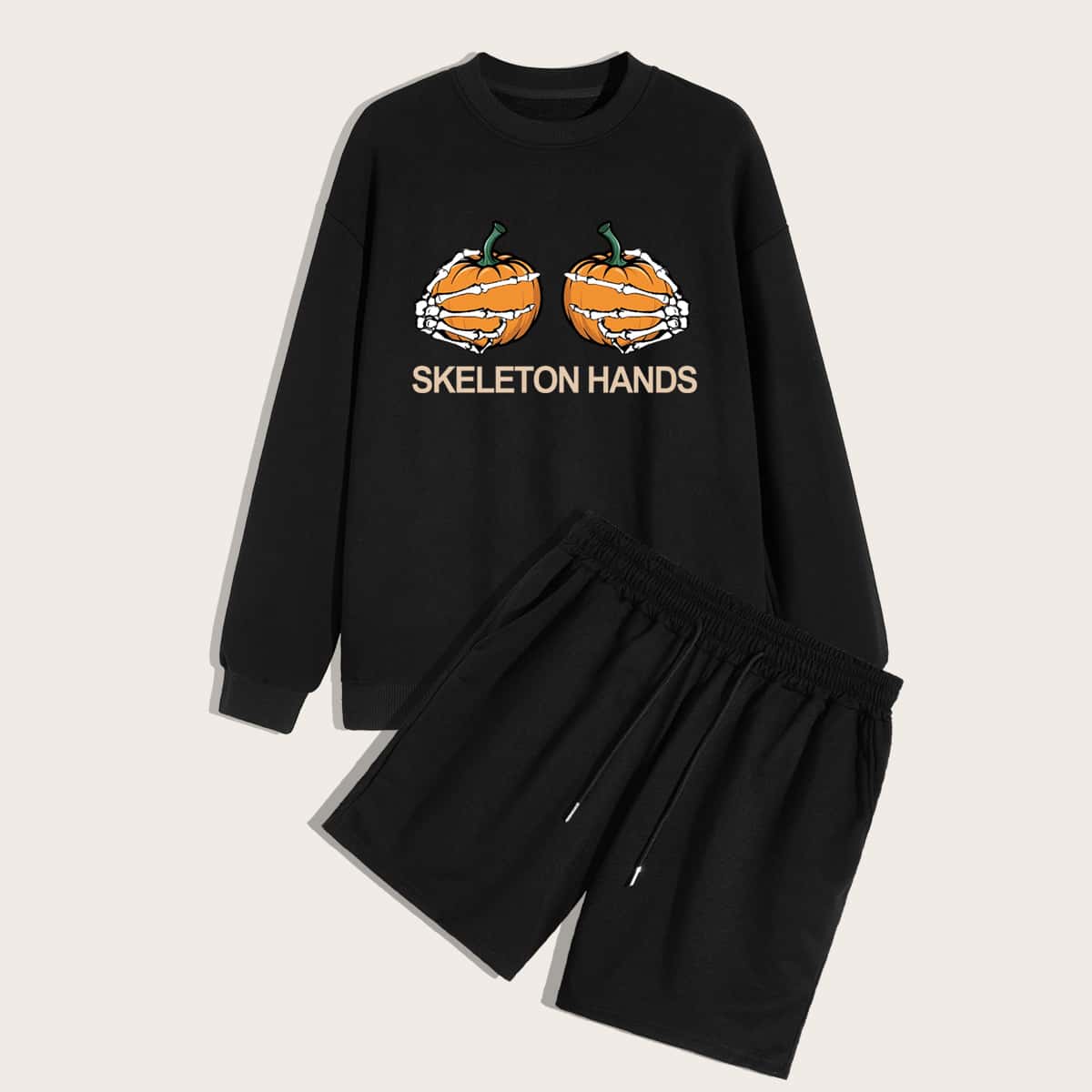 

Guys Halloween Skeleton & Pumpkin Graphic Sweatshirt & Shorts, Black