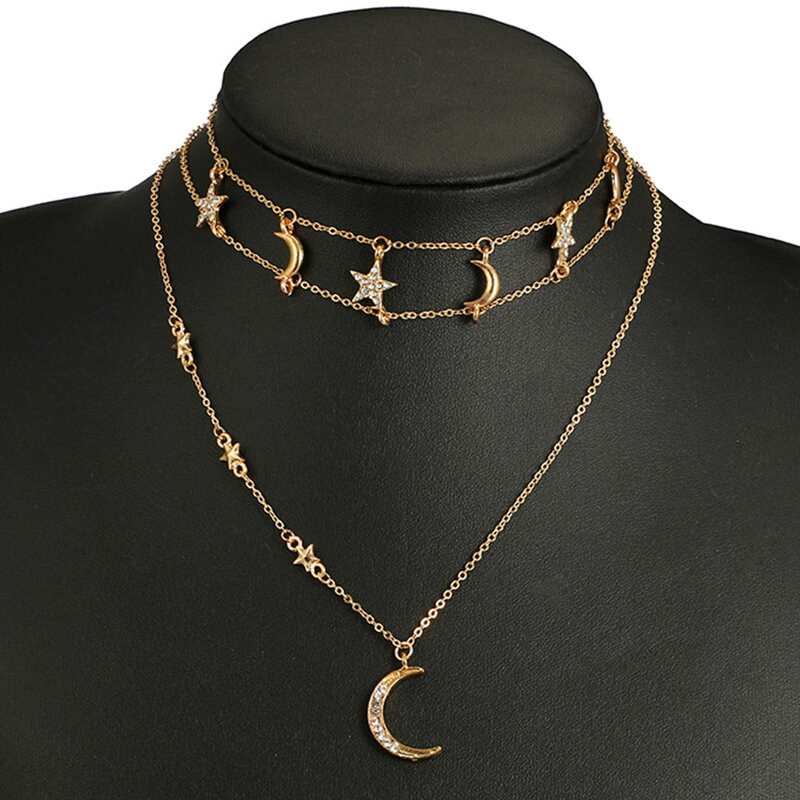 

2pcs Rhinestone Star & Moon Layered Necklace, Gold