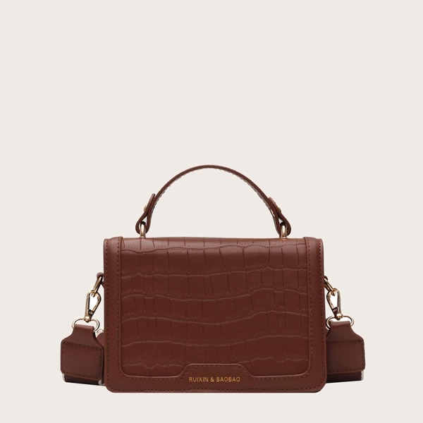 

Croc Embossed Satchel Bag, Brown