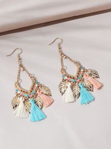 1pair Bohemian Style Multicolor Tassel & Metallic Leaf Shaped Earrings For Casual & Vacation - Multicolor - View 1