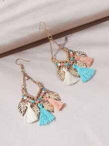 1pair Bohemian Style Multicolor Tassel & Metallic Leaf Shaped Earrings For Casual & Vacation - Multicolor - View 2