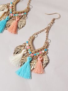 1pair Bohemian Style Multicolor Tassel & Metallic Leaf Shaped Earrings For Casual & Vacation - Multicolor - View 3