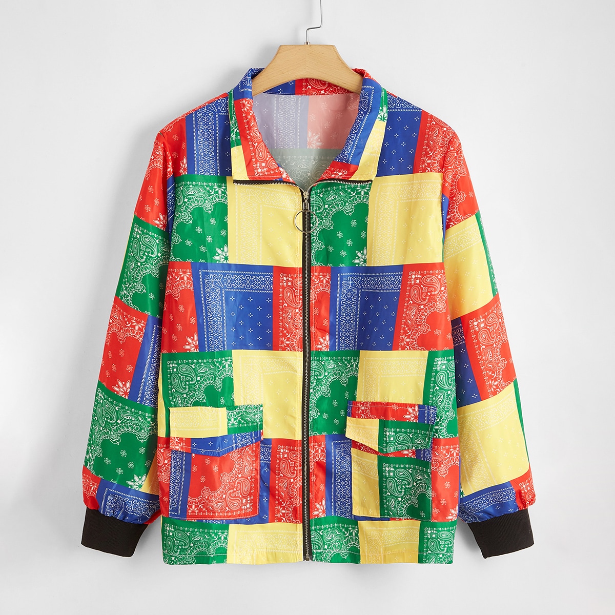 Image of Plus Paisley And Patchwork Print Windbreaker Jacket