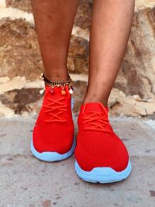 Lace-up Decor Wide Fit Sneakers - Red - View 2