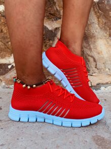 Lace-up Decor Wide Fit Sneakers - Red - View 3