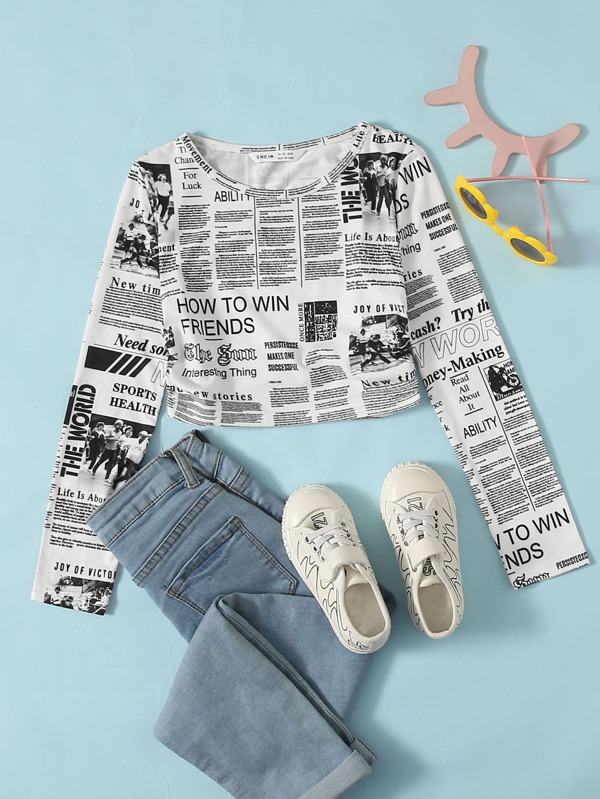 SHEIN Tween Girl Newspaper Print Crop Tee