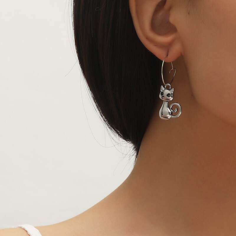 

Cartoon Cat Drop Earrings, Silver