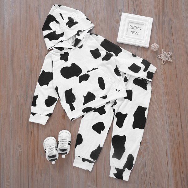 

Toddler Girls Cow Print Hoodie With Joggers, Black and white