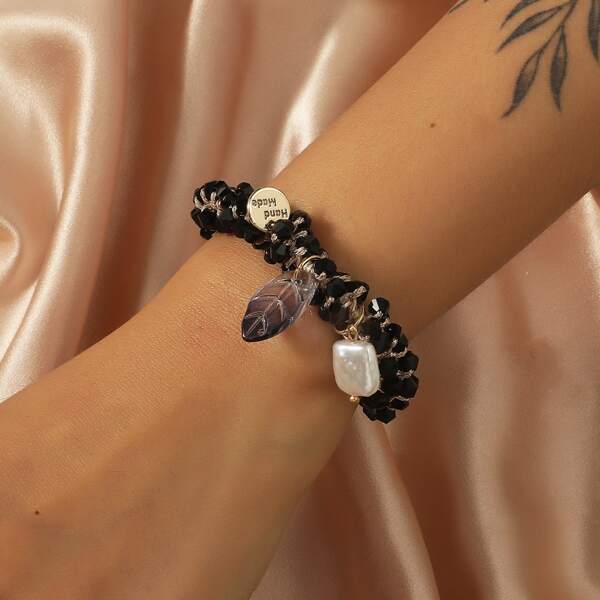 

Faux Pearl Charm Crystal Beaded Bracelet, Black