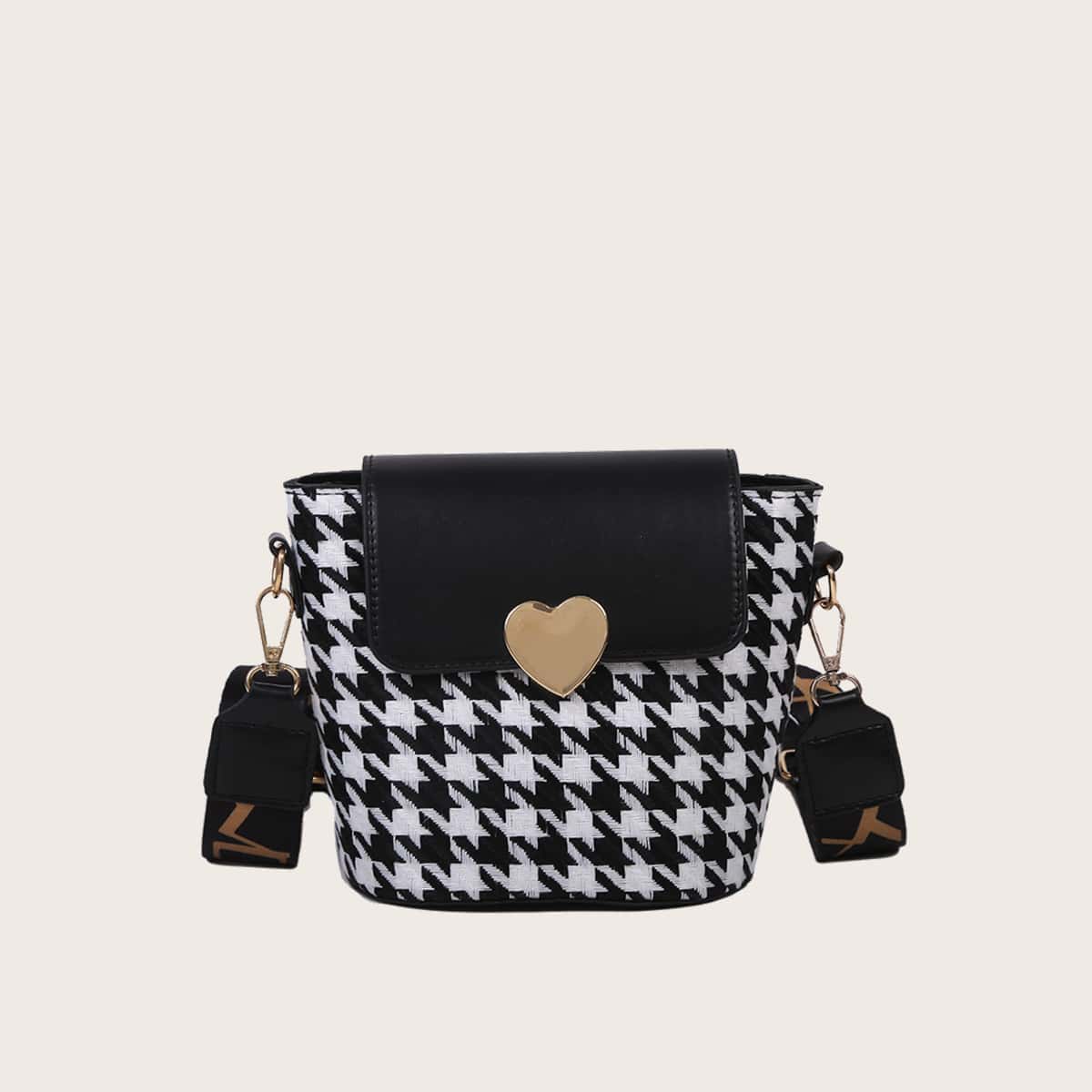 

Houndstooth Heart Crossbody Bag, Black and white