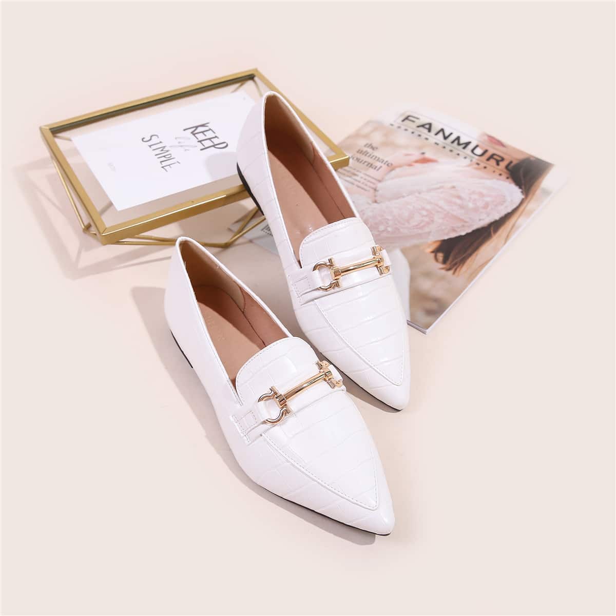

Horsebit Decor Croc Embossed Loafers, White