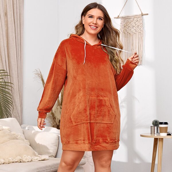 

Plus Kangaroo Pocket Velvet Sweatshirt Dress, Burnt orange