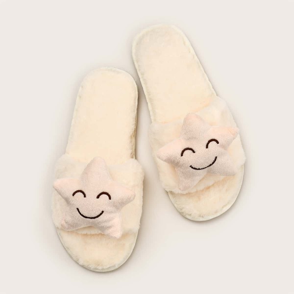 

Cartoon Decor Wide Fit Fluffy Slippers, Beige