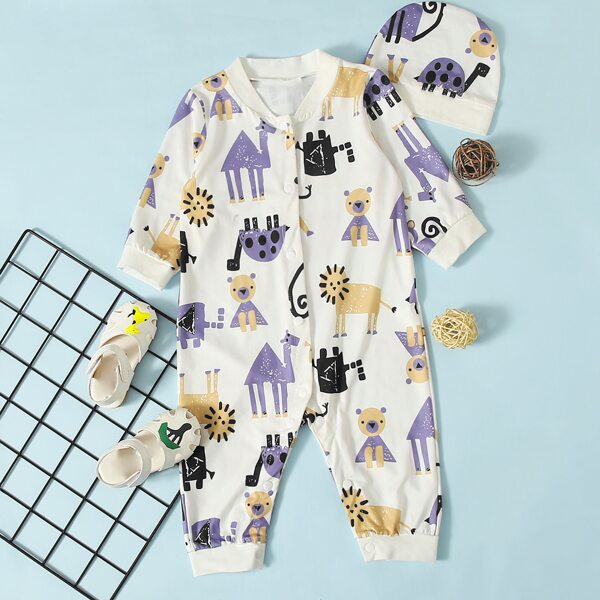 

Baby Boy Lion & Camel Print Button Jumpsuit With Hat, Beige