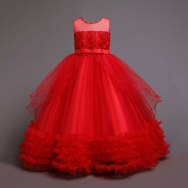 

Girls Bow Back Mesh Panel Frill Gown Dress, Red