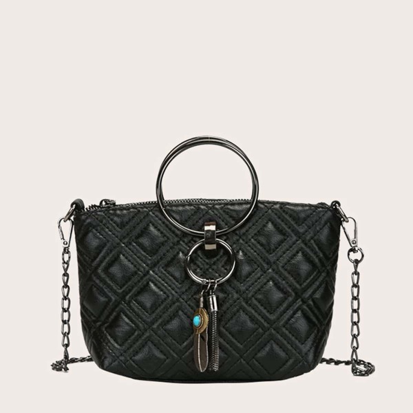 

Ring Handle Quilted Satchel Bag, Black