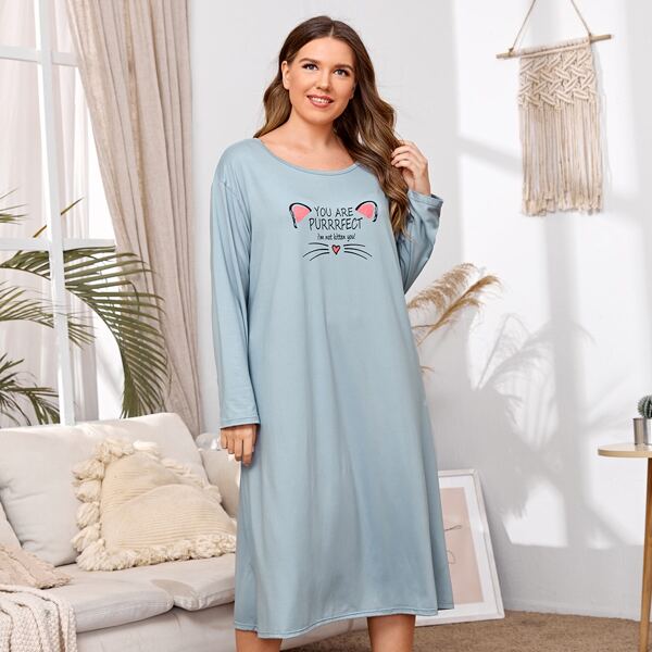 

Plus Slogan & Cartoon Graphic Night Dress, Dusty blue