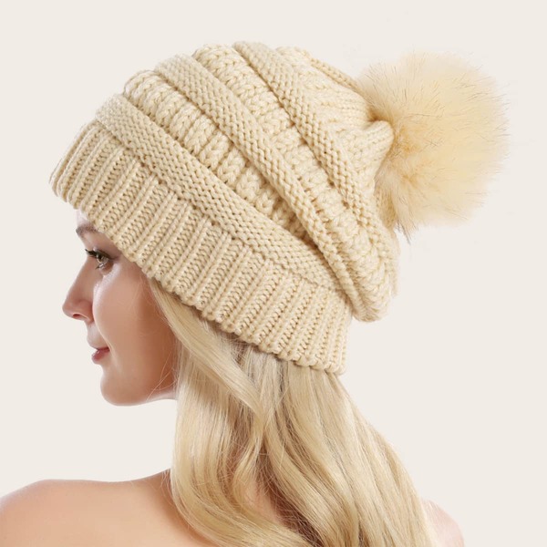 

Pom Pom Decor Knit Beanie, Beige