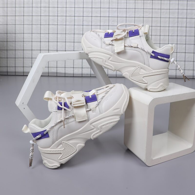 

Buckle Decor Lace-up Mesh Chunky Sneakers, Beige