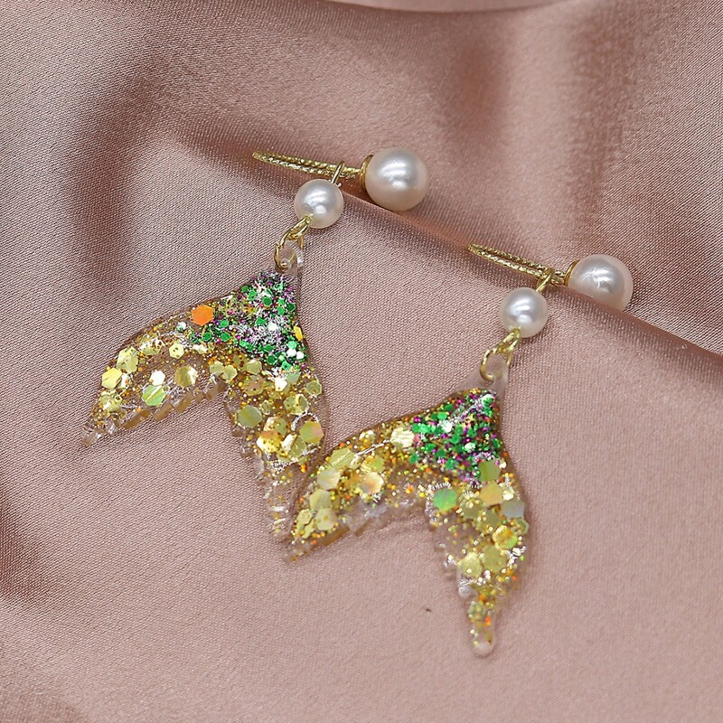 

Faux Pearl Decor Mermaid Tail Earrings, Gold
