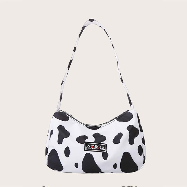 

Girls Cow Print Baguette Bag, Black and white