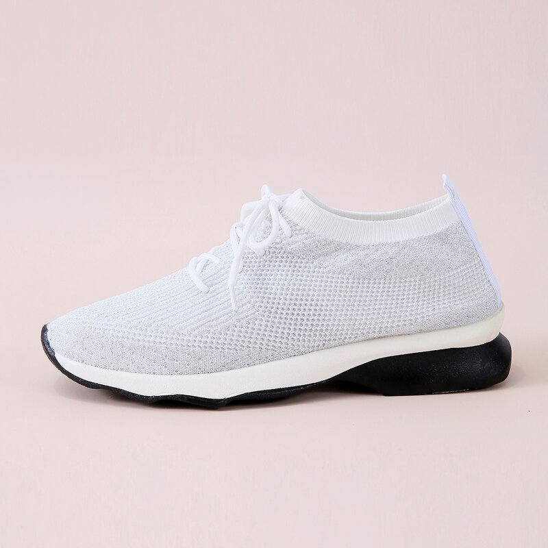 

Lace Up Decor Wide Fit Knit Sneakers, White