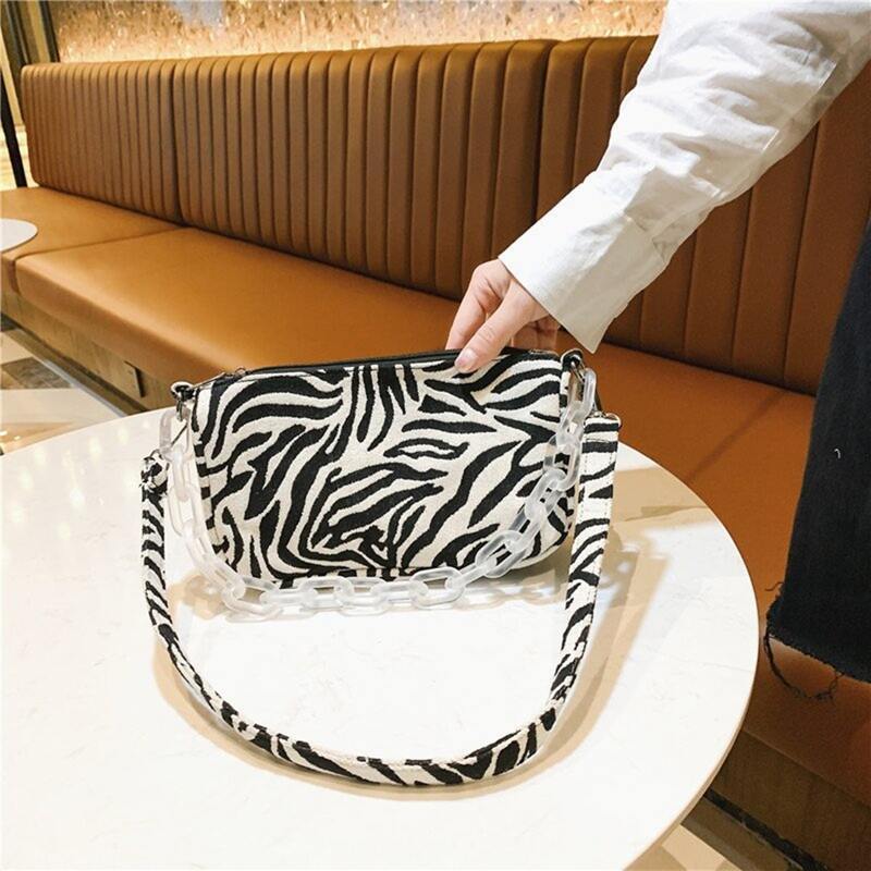 

Zebra Striped Chain Baguette Bag, Black and white