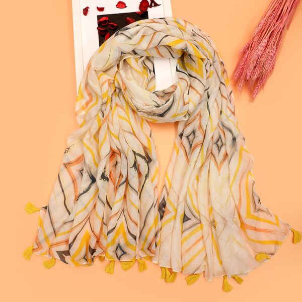 

Tassel Decor Geo Print Scarf, Multicolor