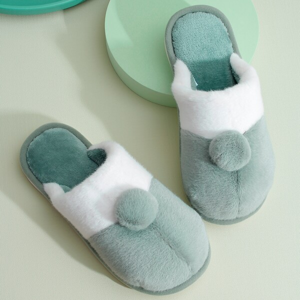 

Pom Pom Decor Fluffy Slippers, Mint green