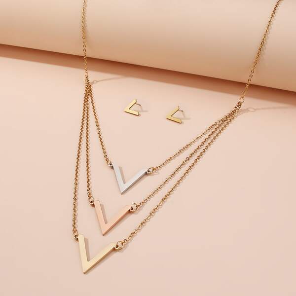 

1pc Layered Necklace & 1pair Earrings, Gold