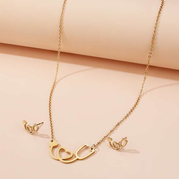 

1pc Stethoscope Decor Necklace & 1pair Earrings, Gold