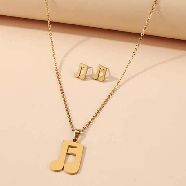 

1pc Music Note Pendant Necklace & 1pair Earrings, Gold