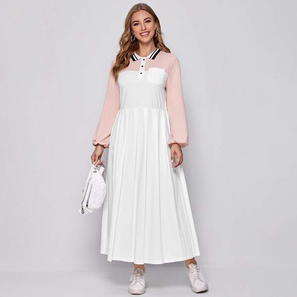 

Pocket Front Bishop Sleeve Colorblock Dress, White