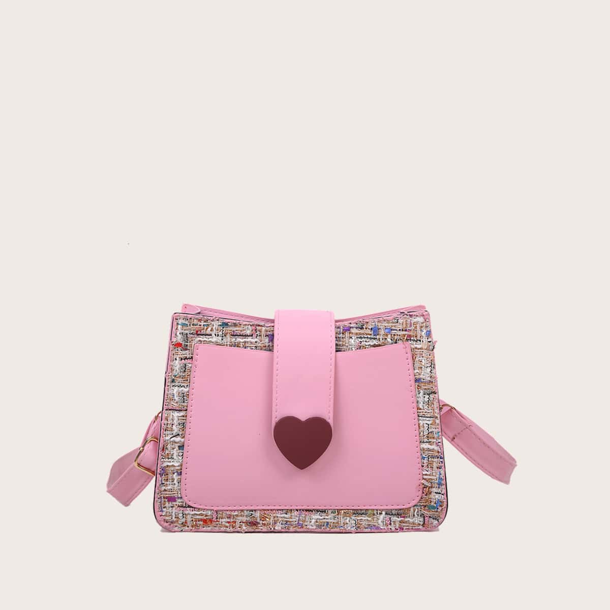 

Heart Buckle Tweed Crossbody Bag, Pink