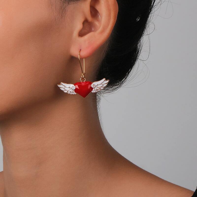 

Wing Decor Heart Drop Earrings, Red