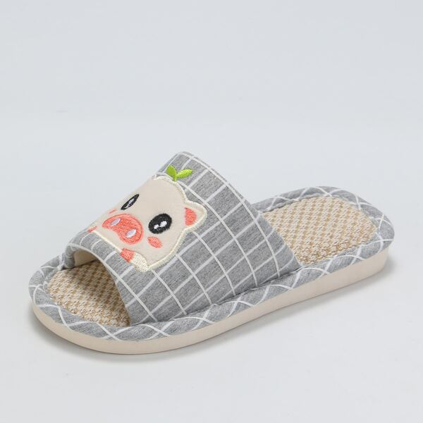 

Girls Cartoon Pig Embroidered Slippers, Grey
