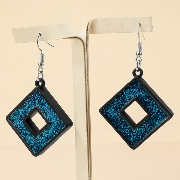 

Glitter Square Drop Earrings, Blue