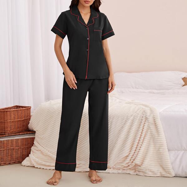 

Contrast Binding Pocket Satin Top & Pants Night Set, Black