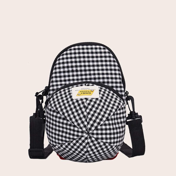 

Gingham Pattern Zip Front Crossbody Bag, Black and white