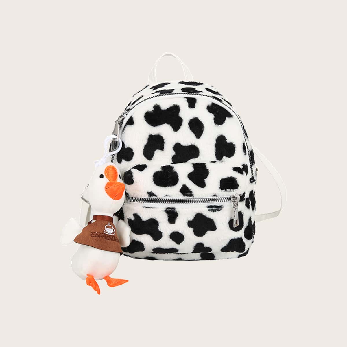 

Cow Print Fluffy Backpack, Black and white