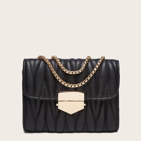 

Stitch Detail Flap Chain Bag, Black