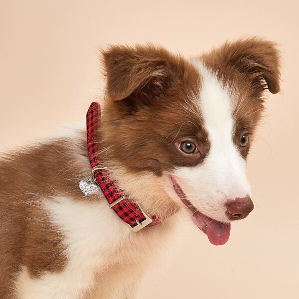 

1pc Gingham Dog Collar With Heart Charm, Multicolor