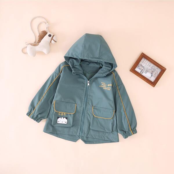 

Toddler Boys Flap Pocket Cartoon Graphic Hooded Jacket, Cadet blue