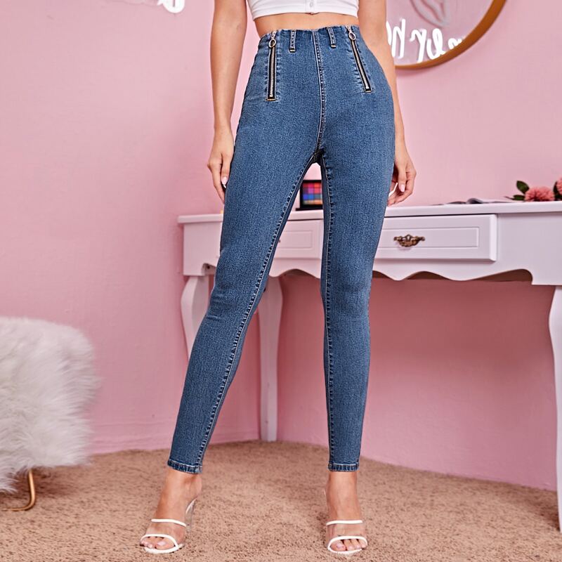 

High Waist O-ring Zip Detail Skinny Jeans, Medium wash
